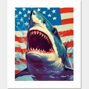 American Flag Patriotism and Freedom Great White Shark Posters and Art